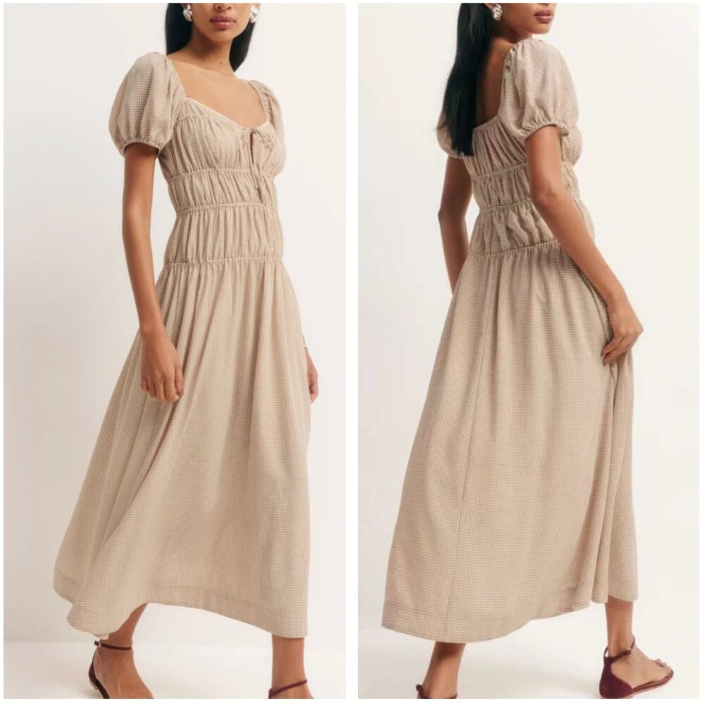 NEW Reformation Rhett Midi Dress Sz4 Tan Check Polyester
